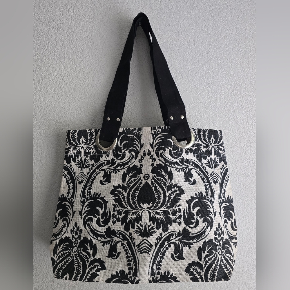 Earth Axxessories Large Jute Tote - Damask Print - 20" x 15" - Show Sample